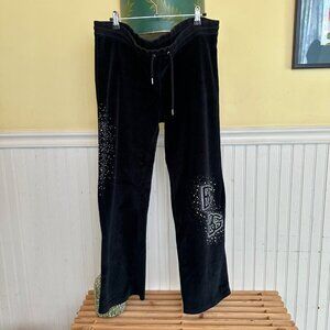 Bebe Women P XL Black Velour Pants With Rhinestone Embellishments & Drawstring